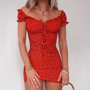 Princess Polly Gracie Mini Dress red ruffle floral off shoulders party NWT 2